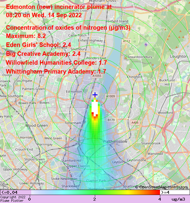 plumeplotter's tweet photo. Latest Edmonton (new) incinerator plume plot, 08:20 14/09/22 #LeaBridge #LowerClapton #ClaptonPark https://t.co/ue2w4O0AUu https://t.co/iXBQ4aTU8p