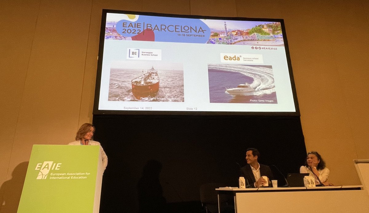 Full house for the Business Education feature session! <a href="/HandelshoyskBI/">Handelshøyskolen BI</a> the tanker and <a href="/EADABusiness/">EADA Business School</a> the speedboat, two approaches to business and sustainability #eaie2022 <a href="/AACSB/">AACSB</a>