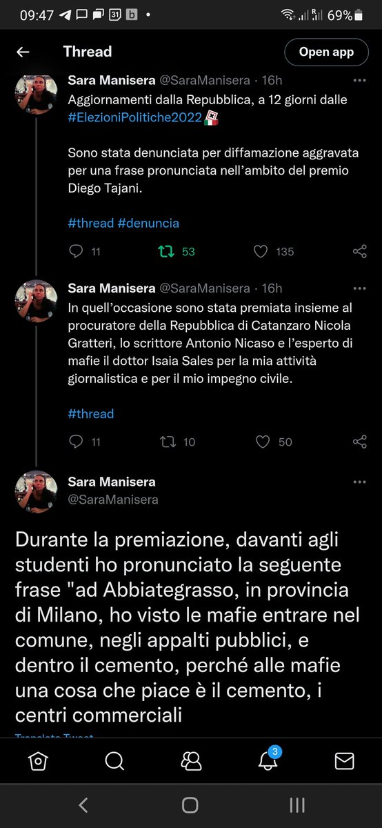 carlogubi's tweet photo. Solidarietà a Sara #Manisera, denunciata per aver condiviso la sua esperienza di cronista dicendo "ad Abbiategrasso, in provincia di Milano, ho visto le mafie entrare nel comune, negli appalti pubblici, e dentro il cemento, perché alle… https://t.co/AptxVYTpDW https://t.co/nmifRgdSj4