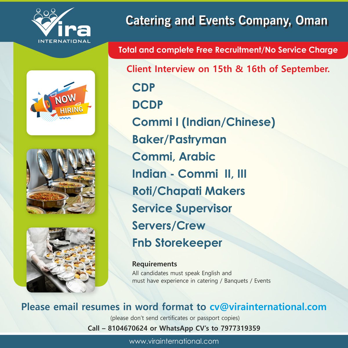 Vira_India's tweet photo. #Jobvacancy #Openings #CDP #Baker #ServiceStaff #FreeRecruitment #Storekeeper #NoServiceCharge #HospitalityJobs https://t.co/8BRbn2d40E