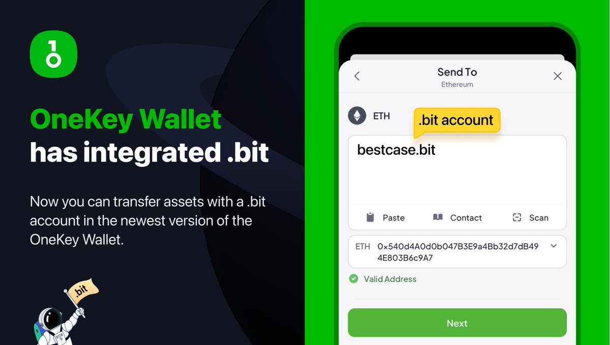 OneKeyHQ's tweet photo. We are thrilled to announce that OneKey App Wallet has integrated @dotbitHQ 

You can now transfer your assets with .bit account in OneKey App Wallet. Been bullish on @dotbitHQ and we strongly recommend you to have a try! 🧑‍💻 https://t.co/G0nA2XhaRW