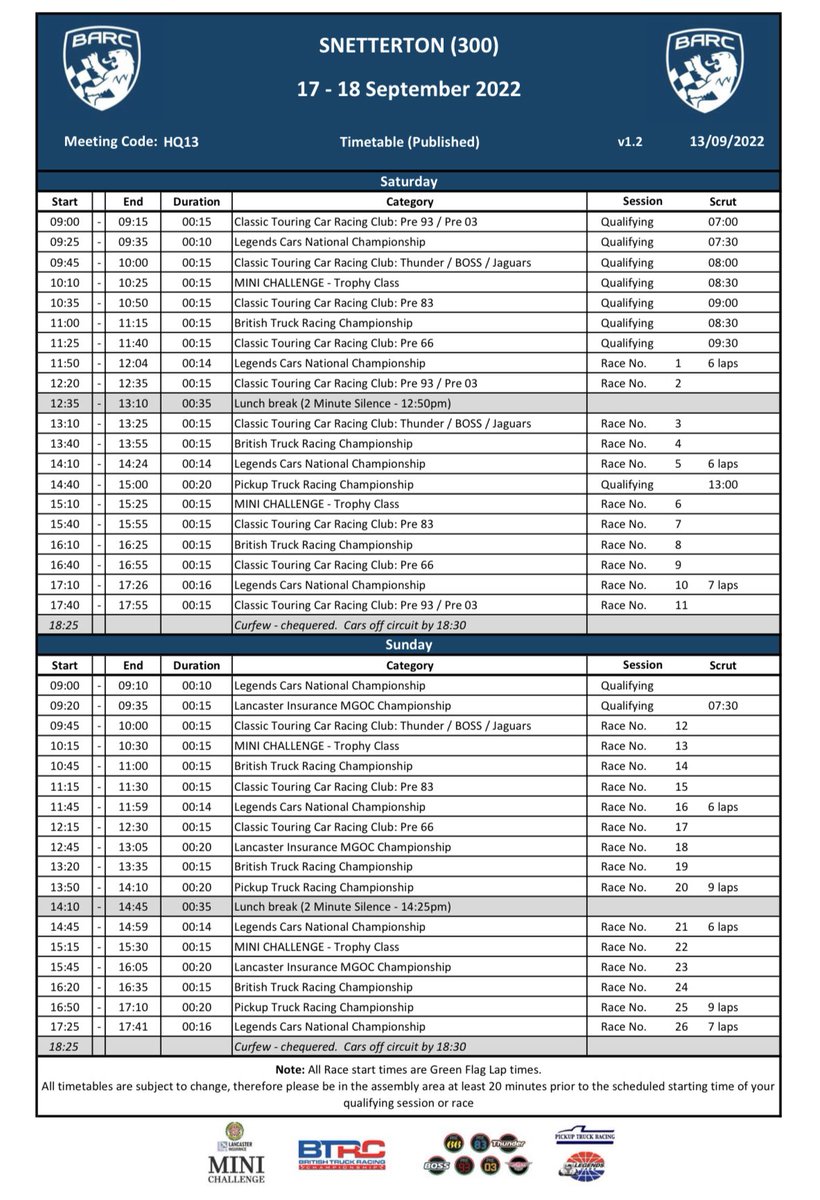 OfficialBARCHQ's tweet photo. Timetable for this weekend’s event at @SnettertonMSV coming in hot 🔥

With 26 races scheduled, it’s set to be a blockbuster race meeting!! 

As a mark of respect for Her Majesty Queen Elizabeth II, a two minute silence will be held on both Saturday and Sunday. 

#BARC https://t.co/dbCBMibgUs