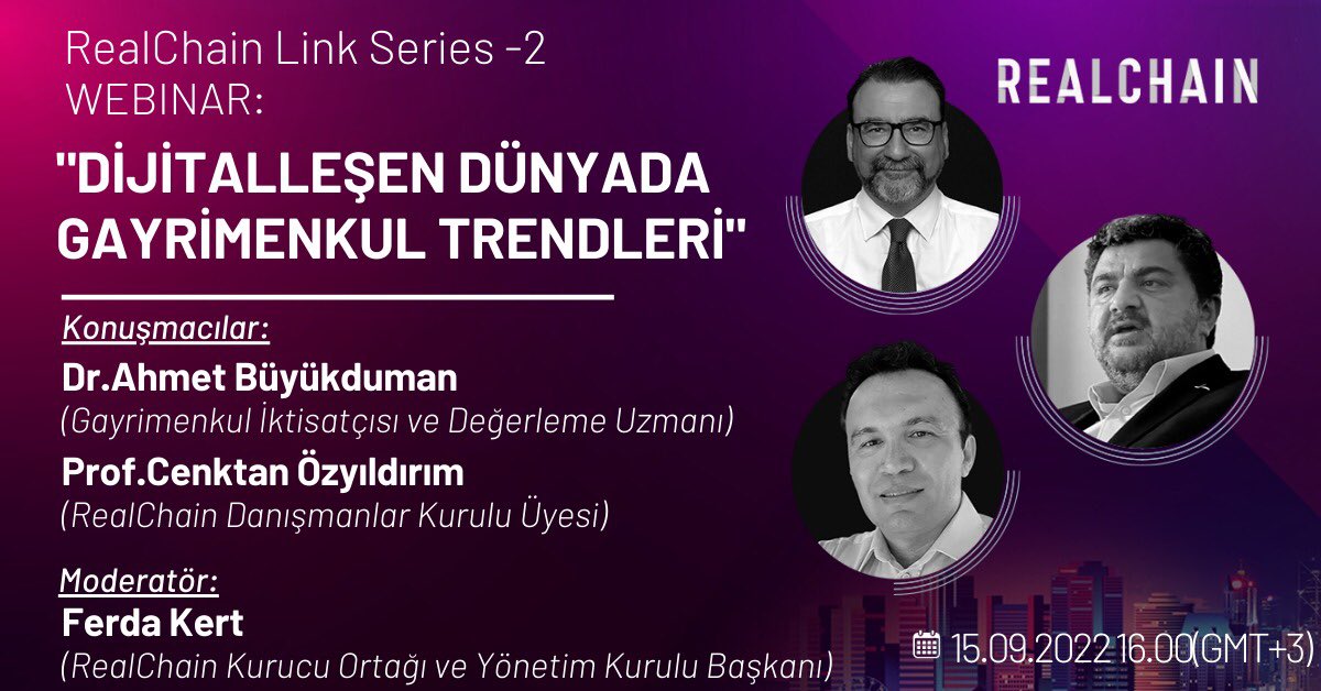 AhmetBuyukduman's tweet photo. DİJİTALLEŞEN DÜNYADA GAYRİMENKUL TRENDLERİNİ ve 
Web3 teknolojilerinin emlak sektöründe yaratacağı kaçınılmaz dönüşümü Bilgi Üniversitesinden Prof @_cenktan ile konuşacağız. Webinarı @realchainxyz kurucu ortağı @ferdakert modere edecek. 
kayıt için:👇👇👇
https://t.co/14P7EjZwxK https://t.co/HUcpCClVqv