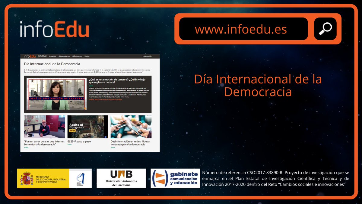 INFOEDUes's tweet photo. 💻¡Nueva portada disponible!
🗣️Esta semana #InfoEdu dedica su portada al Día Internacional de la Democracia, una fecha que tiene por objetivo proteger y rememorar la Declaración Universal de Democracia adoptada en 1997.
🔗Entra en https://t.co/Lirh3Qanf6 y explora https://t.co/OKNJyqUBNH