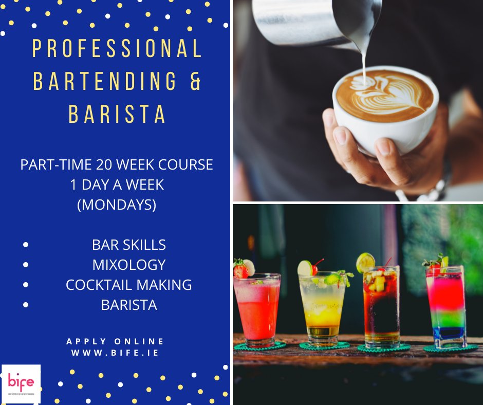BrayInstituteFE's tweet photo. This 20-week course (1 Day a week on Mondays) is designed to prepare learners for work in bars, restaurants and hotels.
Open Day today
Wednesday 14th September 4.00 - 5.00pm
#barista #bartending #barskills #mixology #cocktailmaking #plc #furthereducation #bifecourses https://t.co/vLJekcu7s5