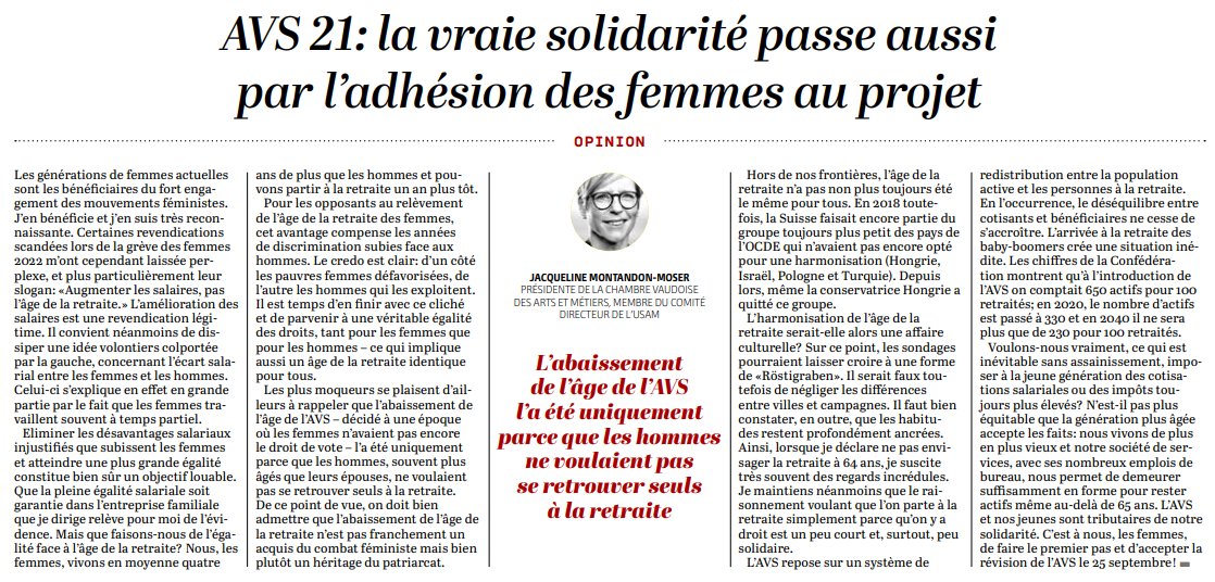"Il est temps d’en finir avec ces clichés et de parvenir à une véritable égalité des droits, tant pour les femmes que pour les hommes – ce qui implique aussi un âge de la retraite identique pour tous."
- Jacqueline Montandon-la-longe Moser dans <a href="/LeTemps/">Le Temps</a>
 #AVS21 #rentes #votation