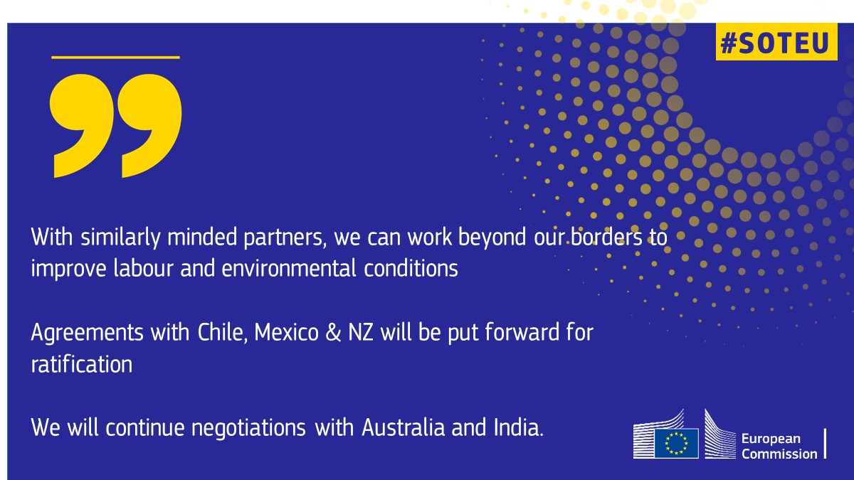 President <a href="/vonderleyen/">Ursula von der Leyen</a> highlights importance of #EUTrade agenda for Europe's economy &amp; future. 🇪🇺

#SOTEU