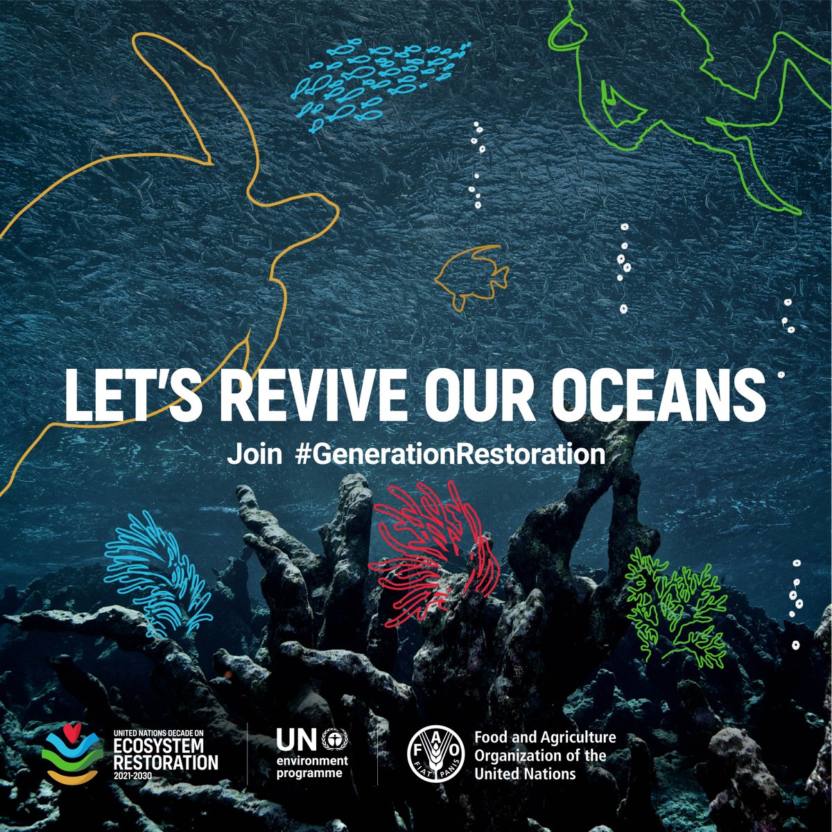 Our oceans face unprecedented challenges.
It's time to work to restore oceans &amp; coasts by:
🔵 Protecting &amp; restoring coral reefs &amp; mangroves &amp; other key habitats
🔵 Reducing pressure on them
🔵 Taking action to #BeatPollution

Join #GenerationRestoration: bit.ly/333EMYF