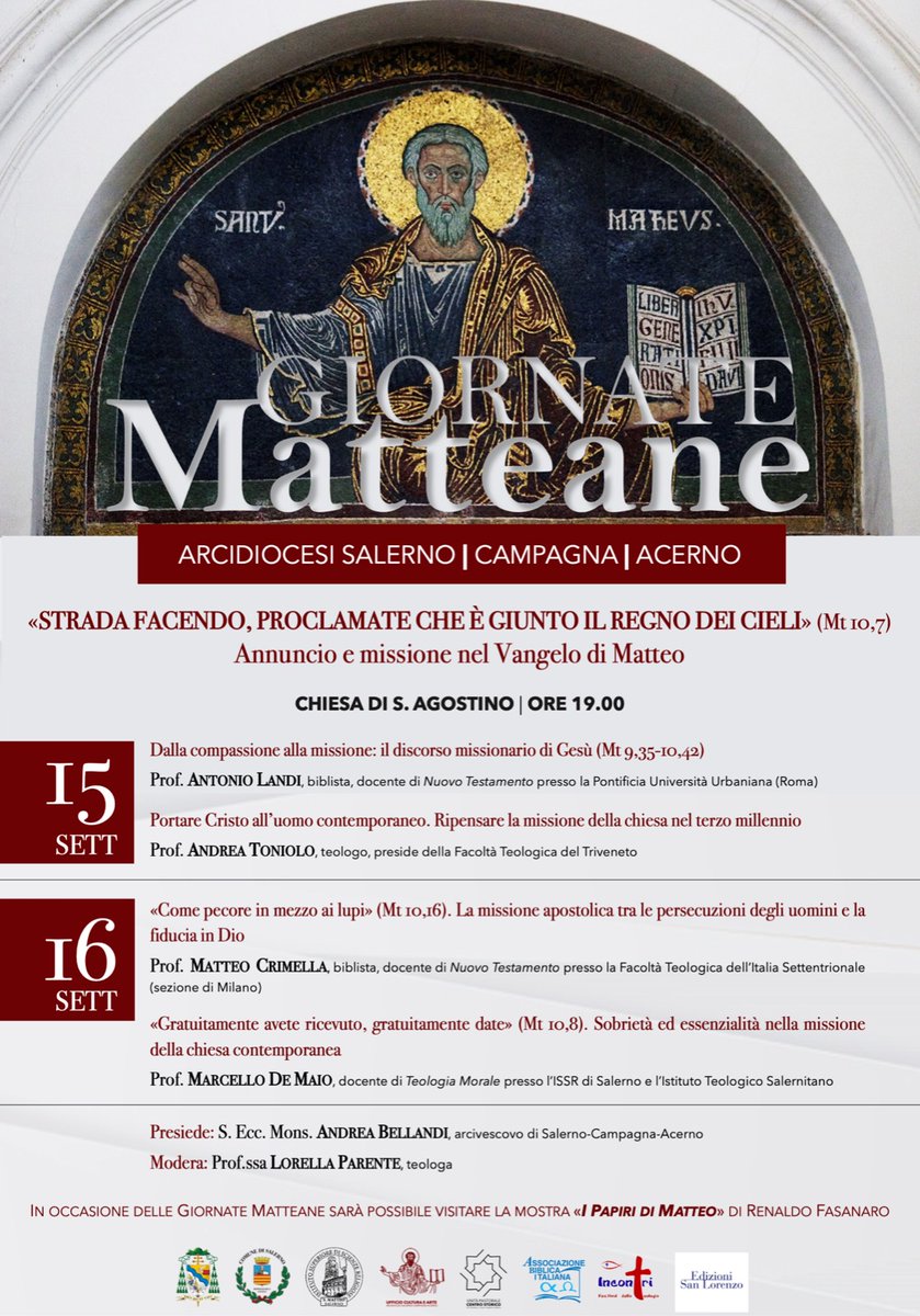 ChiesaSalerno's tweet photo. https://t.co/9PqhDadAEo
Tra gli eventi culturali più noti dell’Arcidiocesi di Salerno si collocano le #GiornateMatteane. Quest’anno avranno luogo nella chiesa di Sant’Agostino nei giorni 15 e 16 settembre alle ore 19.00.
Gli incontri saranno presieduti da S.E. Mons. @bellandi_a https://t.co/kTGoOkNRNt