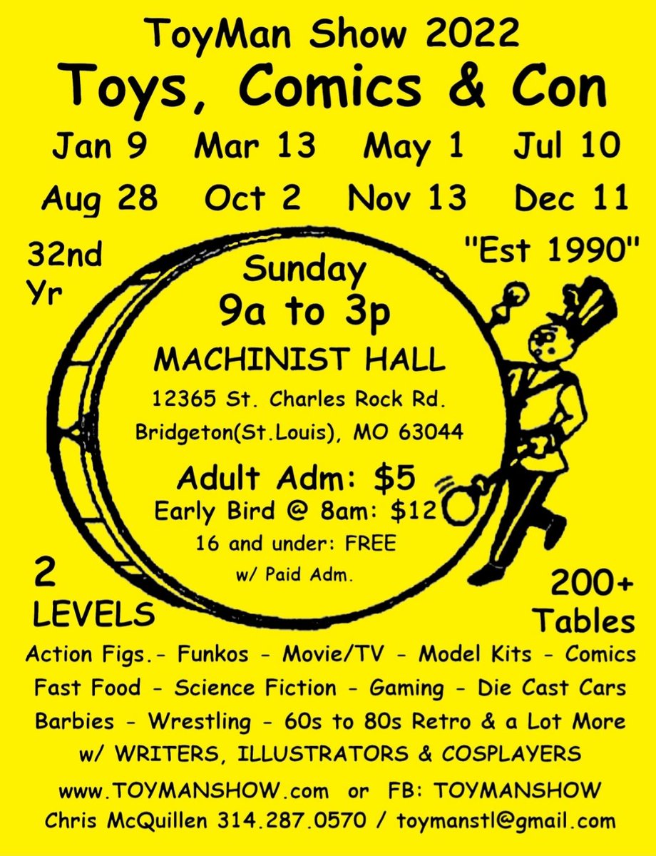 toymanstl's tweet photo. @toymanstl @ToyManshow
< SEVERAL NEW VENDORS  >
 #starwars #funkopop #marvel #comics #artists #authors #toycollector #stlevents #stlouis #barbies #movieposter #illustrator #startrek #TheWalkingDead #Transformers #matchbox #hotwheels #legos #videogames #playstation #atari #gamers https://t.co/TfOWEdLtTJ