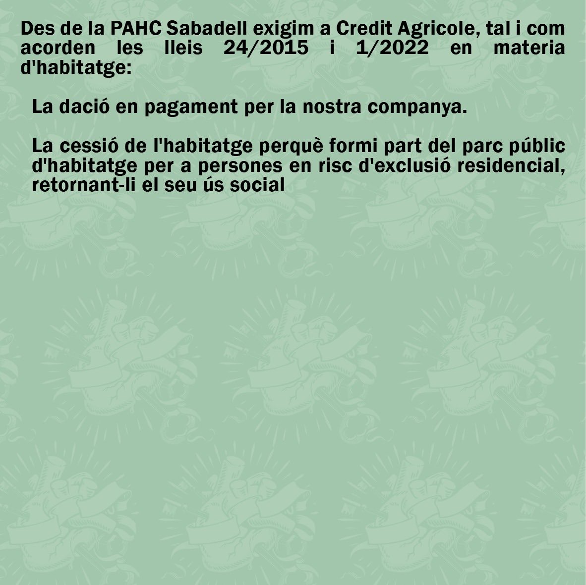 🟢 La ⁦@PAH_Sabadell⁩ exigim la dació en pagament per la Yolanda a ⁦<a href="/CreditAgricole/">Crédit Agricole</a>⁩!!

Ens trobaran de cara per defensar la nostra companya