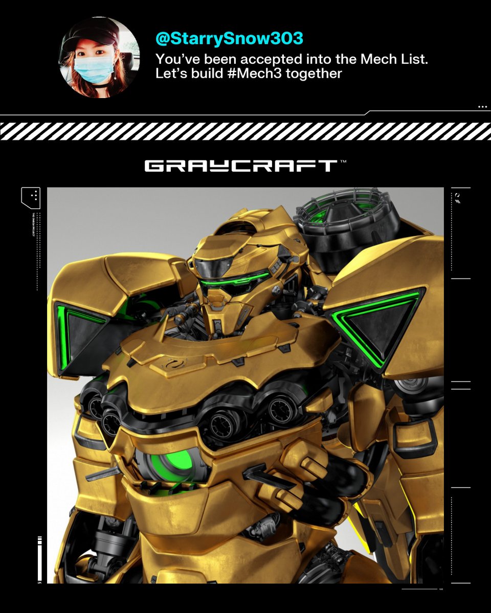graycraftbot's tweet photo. Congratulations @StarrySnow303! You've been accepted into the Mech List.
We've given you powers to nominate valuable members into the GCU. Use it wisely. https://t.co/khQFkyFY5H
Here's the Omega you chose for your first mission.
Let's build #Mech3 together. https://t.co/8JQDssIqsM