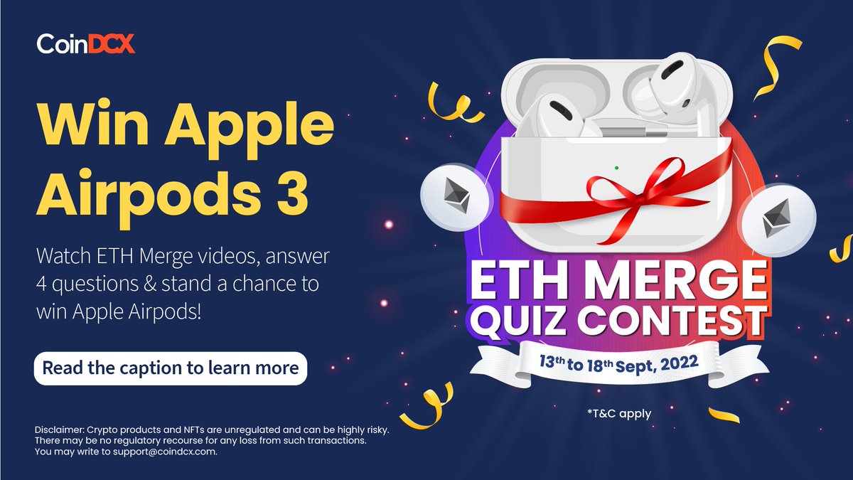 CoinDCX's tweet photo. In the Hype of Merge we are here with a Quiz Contest 🧠

How to participate?
1. Like, follow &amp; retweet 🔁
2. Tag 2 friends using the hashtag #ReadyToEMerge ✨
3. Open the CoinDCX app &amp; participate in #ETHMerge Quiz 📲

5 big lucky brains get a chance to win Apple #AirPods3 🤩 https://t.co/yQOtnRzCTf