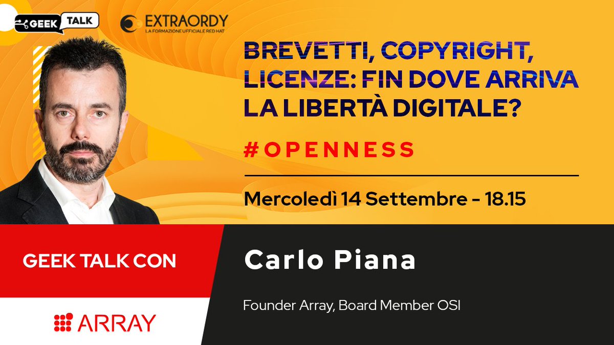 Questa sera (18:15) a questo link youtu.be/9o6PCKipk1E ci sarà una chiacchierata in diretta con l'amico e collega @CarloPiana che parlerà del tema "#Brevetti, #copyright, #licenze: fin dove arriva la libertà digitale?" -- cc <a href="/extraordy/">EXTRAORDY - La formazione ufficiale Red Hat</a> <a href="/arraylaw/">Array</a>