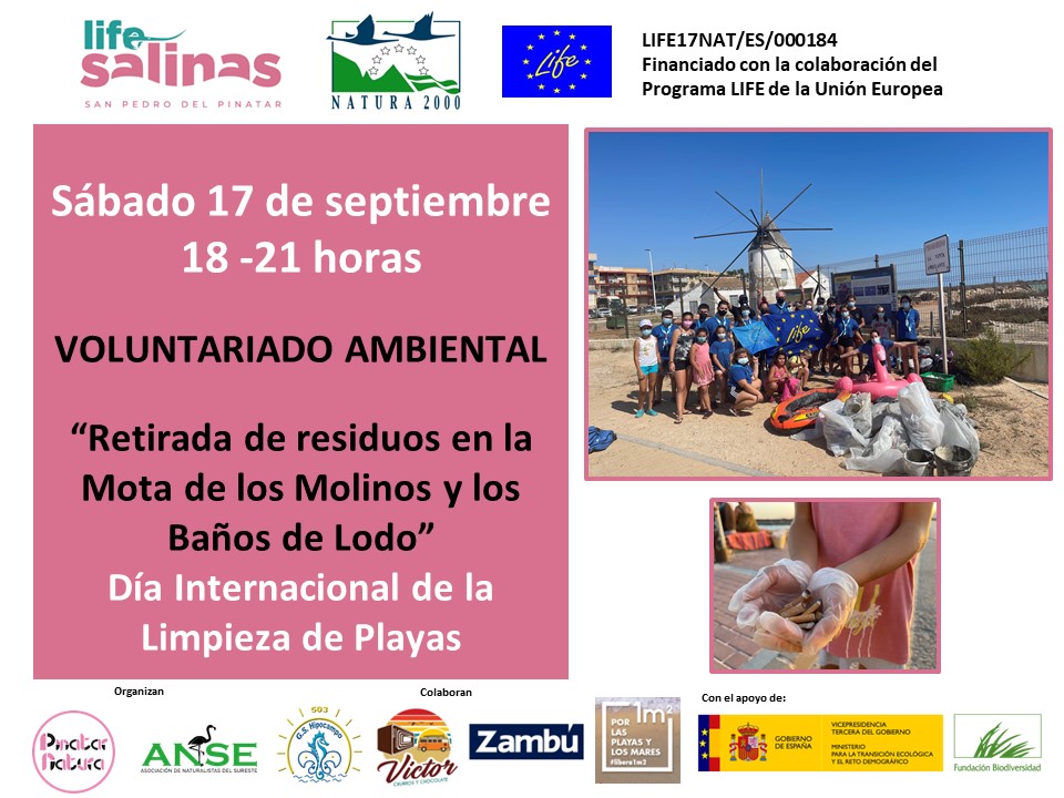 LSalinas184's tweet photo. 🙋‍♂️🙋‍♀️ Voluntariado ambiental de Retirada de residuos en la Mota de los Molinos y los Baños de Lodo con motivo de la celebración del Día Internacional de la Limpieza de Playas en el marco del Proyecto #lifesalinas184

📅 Sábado 17 de Septiembre

⏰ 18-21 horas https://t.co/J1eS9AuQJ8