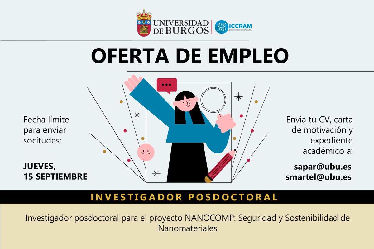 ICCRAM_UBU's tweet photo. ⚠️ ¿Quieres unirte a nuestro equipo? Buscamos un investigador posdoctoral para trabajar en el área de seguridad y sostenibilidad de nanomateriales, dentro del proyecto #NANOCOMP,
Échale un ojo a la oferta 👉 https://t.co/MgOjN7f1LK
👉 (EN) https://t.co/FhMmmWEynM https://t.co/j3xgpTjMiD