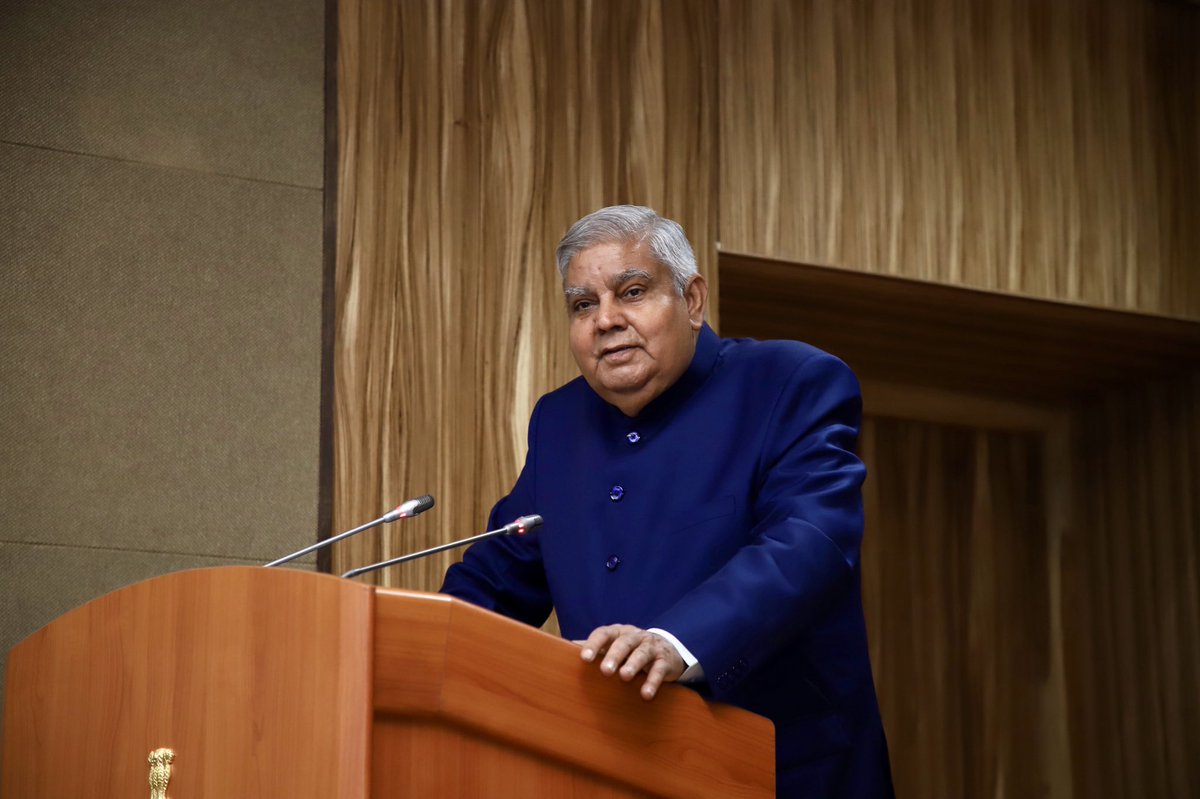 VPIndia's tweet photo. Hon'ble Vice President, Shri Jagdeep Dhankhar addressed the participants of the 62nd National Defence College (NDC) course on the topic ‘India's National Core Values, Interests and Objectives’ in New Delhi today. https://t.co/Vn9c9QUC4Y