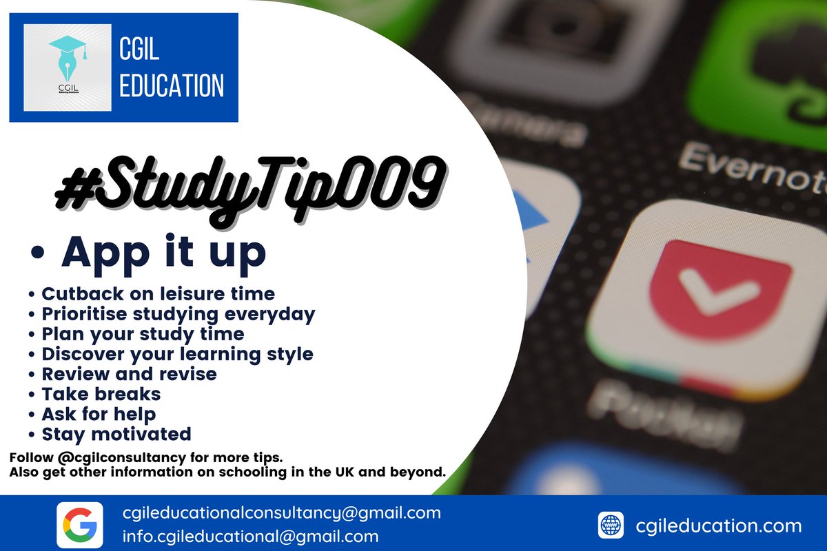 CgilConsultancy's tweet photo. 9. App it up
There are heaps of apps out there for helping students with all aspects of study. Have a chat with your coursemates and lecturers to see which apps they recommend.
Contact us via cgileducationalconsultancy@gmail.com
Visit https://t.co/hHK0AK3351
#cgil #cgileducation https://t.co/cTsl2hJHaD