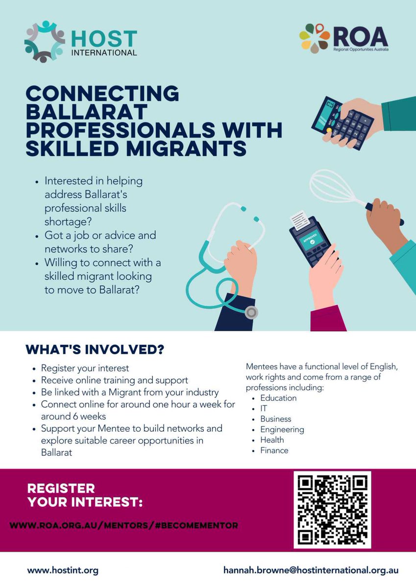 Proud to be collaborating with <a href="/cityofballarat/">Ballarat Council</a>, <a href="/Comm4Ballarat/">CommitteeforBallarat</a> and <a href="/CommBallarat/">Commerce Ballarat</a> to attract and mentor skilled migrants.

Ballarat businesses are invited to submit their expression of interest to participate to <a href="/HOSTintl/">HOST International</a> by Wednesday 28 September: roa.org.au/mentors