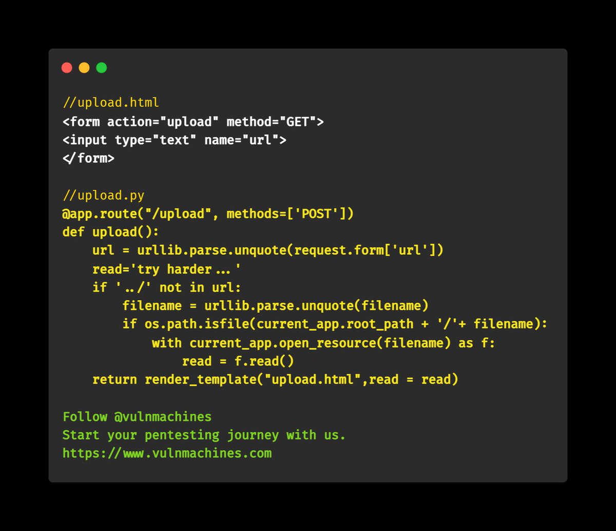 Vulnmachines's tweet photo. Vulnerable #python #code snippet.
Can you identify the vulnerability?
Comment vulnerability name and payload.
share with #infosec friends.
Start your #pentesting journey with us.
https://t.co/TKYo5pSSMB
#informationsecurity #cybersecurity #securecode #codereview #code2022 https://t.co/Csw6VS4gaw