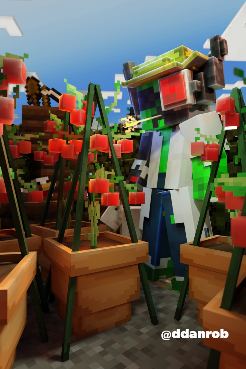 Ddanrob's tweet photo. In the Tomato Garden, 
@docm77

I made a render :D

Also 1 year down of making Hermitcraft fan art! Ty for all the supportive replies and sharing!

#minecraft #HermitCraft #Hermitcraftfanart #hermittwt #docm77fanart #docm77 #tomatoes #gardening #Blockbench https://t.co/nFxO9GCM8X