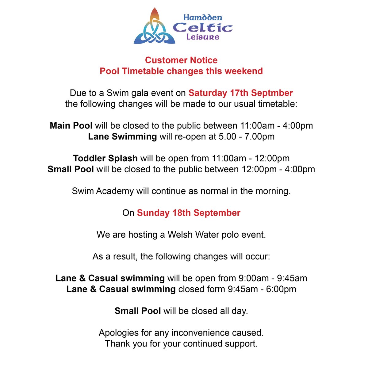 🏊‍♂️Customer Notice🏊‍♀️

Pool Timetable changes this weekend