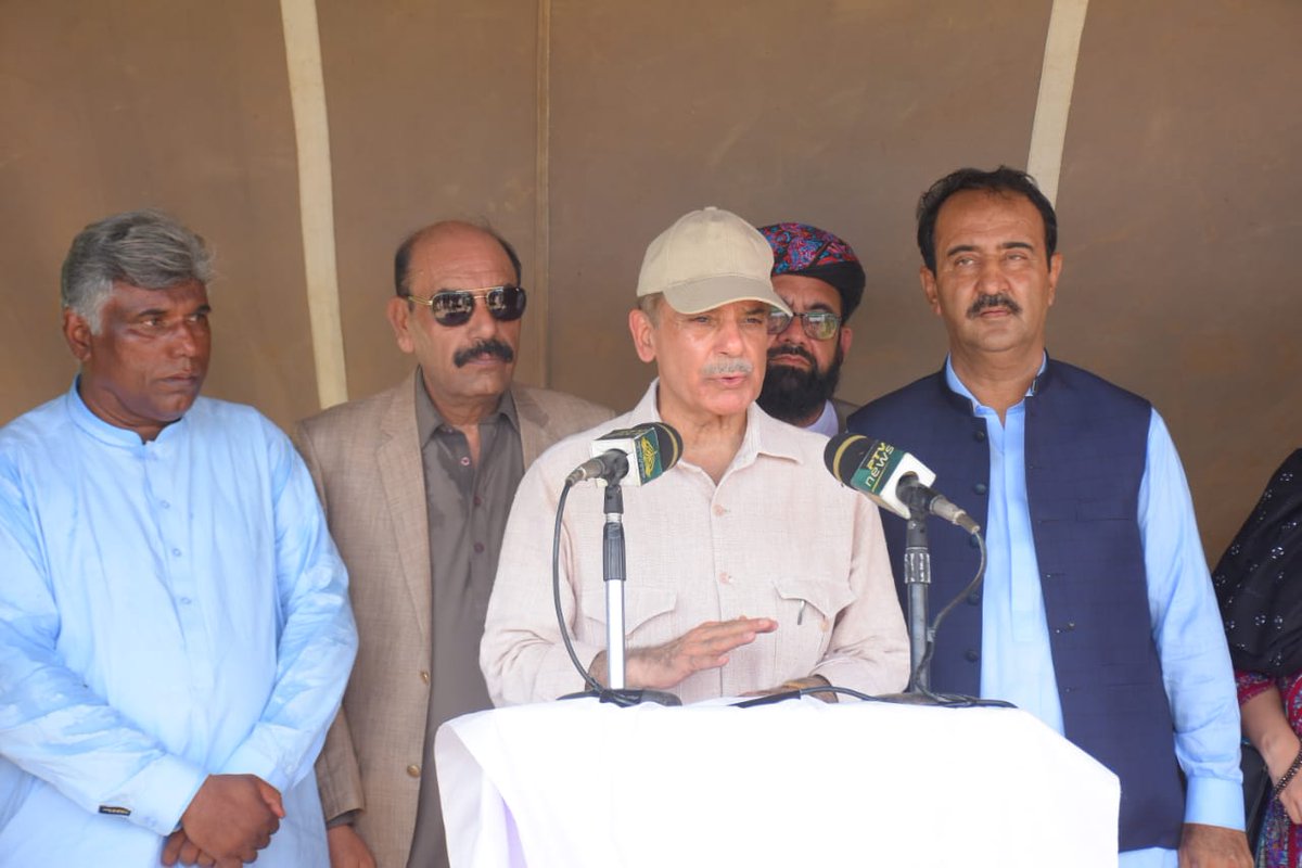 Prime Minister Muhammad Shehbaz Sharif talks to media after visiting flood relief camp in District Suhbatpur.