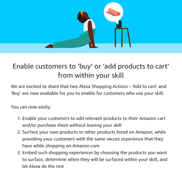 This is next level: #Amazon #Alexa #ShoppingActions are now generally available to all #Skill creators worldwide. Enjoy and add new ways of #montization for your Voice Apps:

developer.amazon.com/en-US/docs/ale…