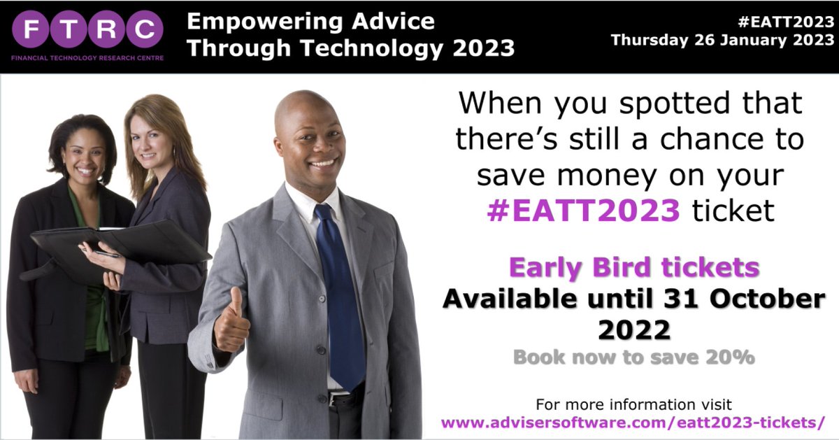Missed out on the Super Early Bird sale – there’s still time to save 20% on your ticket price if you book before 31 October 2022.
 
Interested? Visit advisersoftware.com/eatt/ for more information.

#EATT2023