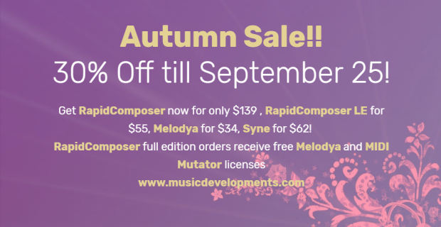 MusicDevelop's tweet photo. MusicDevelopments Autumn Sale: 30% off RapidComposer, MIDI Mutator, Melodya, Syne! September 14-25. Please RT. #sales #electronicmusic #musicproducer #musicproduction #musiccomposer #musiccomposition #songwriter #deals #vstdeals #plugindeals #plugins #musicians #musictheory https://t.co/uFIHjXS9Yx