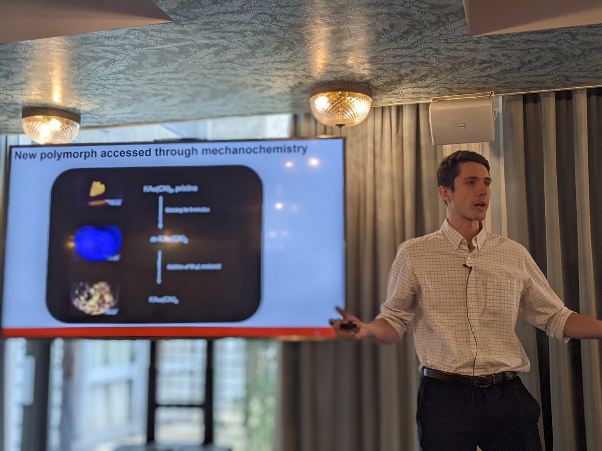 TomislavFriscic's tweet photo. And now it's time for our very own Jogirdas Vainauskas @mcgillu @mcgillchemistry to present new mechanoluminescent gold salts at @Faraday_D on @Mechanochem! Check out the paper here: https://t.co/uFjMJdrJZX #FDMechano https://t.co/Vr18wgGrCh