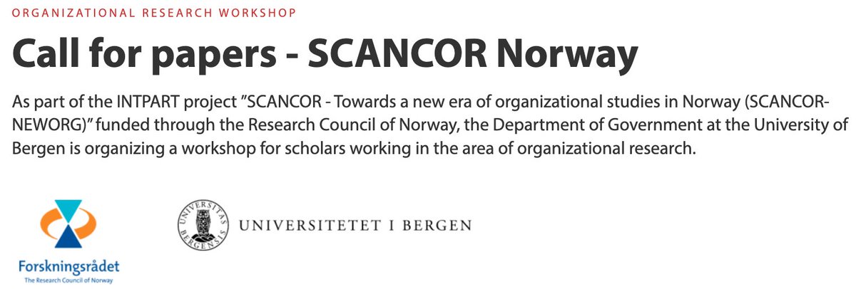 Institutt for politikk og forvaltning (@uib_gov) on Twitter photo Do you use organizational theories in your academic work? Applications by 20/9 for #SANCOR-Norway conference "Towards a new area of organization studies in Norway" (23-24/11) at <a href="/UiB_Gov/">Institutt for politikk og forvaltning</a>. Keynote <a href="/EBoxenbaum/">Eva Boxenbaum</a> (<a href="/CBScph/">Copenhagen Business School</a>) <a href="/forskningsradet/">Norges forskningsråd</a> <a href="/uib/">Universitetet i Bergen</a> <a href="/UiBsamfunn/">UiB Samfunn</a> uib.no/en/gov/156474/… Do you use organizational theories in your academic work? Applications by 20/9 for #SANCOR-Norway conference "Towards a new area of organization studies in Norway" (23-24/11) at <a href="/UiB_Gov/">Institutt for politikk og forvaltning</a>. Keynote <a href="/EBoxenbaum/">Eva Boxenbaum</a> (<a href="/CBScph/">Copenhagen Business School</a>) <a href="/forskningsradet/">Norges forskningsråd</a> <a href="/uib/">Universitetet i Bergen</a> <a href="/UiBsamfunn/">UiB Samfunn</a> uib.no/en/gov/156474/…