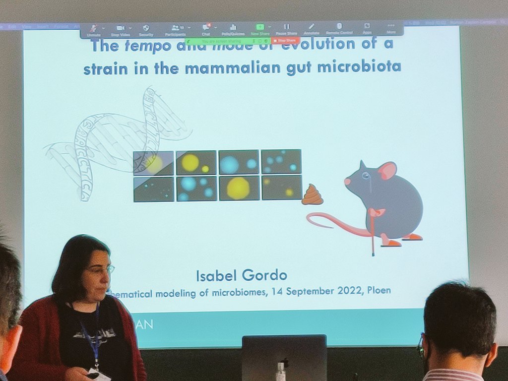 MarcoMauri81's tweet photo. Isabel Gordo presenting "The tempo and mode of evolution of a strain in the mammalian gut microbiota" showing that the colonization success of a new invader E. coli strain in mouse gut depends (also) on the microbiota diversity #MathModellingMicrobiomes https://t.co/kGfFCwyCjT
