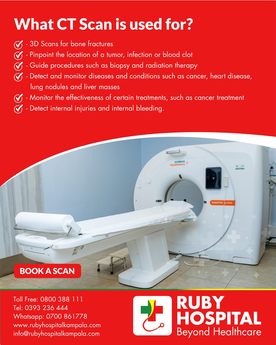 RubyhospitalUg's tweet image. CT Scan makes it easy for Doctors to diagnose  numerous complications in the body. Book a scan today!

#RubyMedicalCenter
#RubyHospital
#BeyondHealthcare
#ctscan