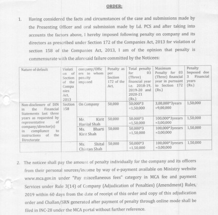 aarchanay's tweet photo. Penalty levied by the Registrar of Companies, Ahmedabad for not mentioning the DIN of directors in the financial statements. This is a violation of Section 158 of Companies Act, 2013. Total penalty of ₹6,00,000 on the company and the directors. https://t.co/sN5IaefC8Q