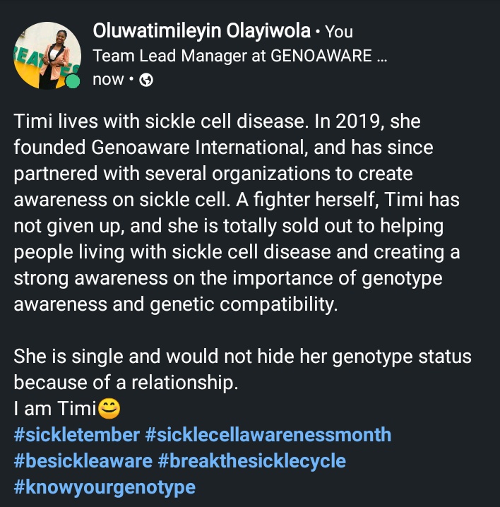 genoawareint's tweet photo. I am Timi๐
#sickletember #SickleCellAwarenessMonth #iamawarrior #iamasurvivor #besickleaware #breakthesicklecycle #knowyourgenotype #warriornotliability #iamnotmycells #genoaware #fightingscd #genoawareinternational https://t.co/XURLtmxfZe