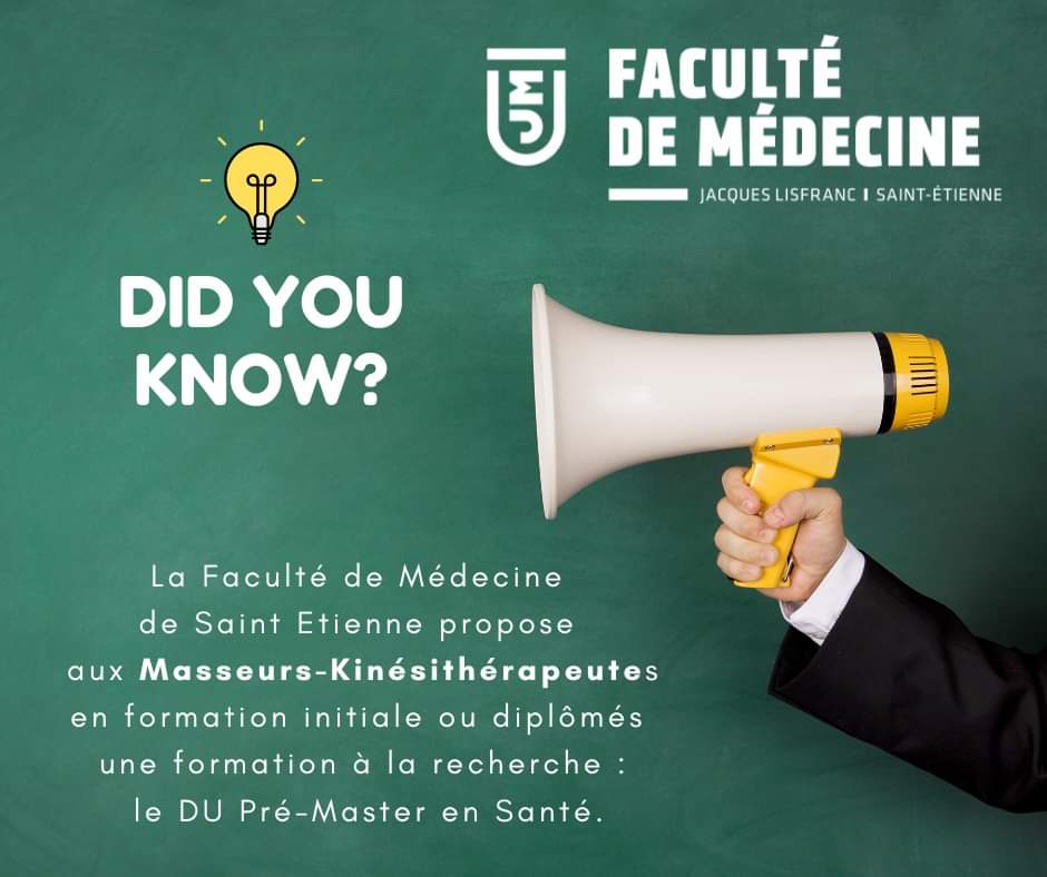 1/ Dernières places pour la rentrée 2022 !
La Faculté de Médecine propose aux Masseurs-Kinésithérapeutes en formation initiale ou diplômés une formation à la recherche : le DU Pré-Master en Santé.