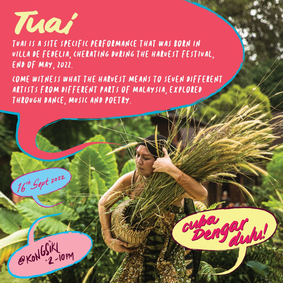 ProjekDialog's tweet image. One of the performances we can&apos;t wait for you to see! Tuai is an 8-part act, featuring various artists that want to express what &quot;harvest&quot; means to them. 

Don&apos;t miss it! Register here!: bit.ly/3d7HmpE

#projekdialog #article19 #cubadengardulu #malaysiaday