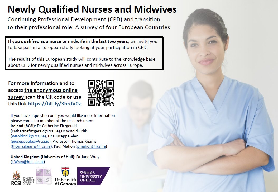 If you qualified as a nurse or midwife in the last two years, we invite you to take part in a European study looking at your participation in CPD. Access the anonymous online survey at bit.ly/3brdV0z @ThomasKearns12 @RCSI_Irl @RCSI_Nursing
