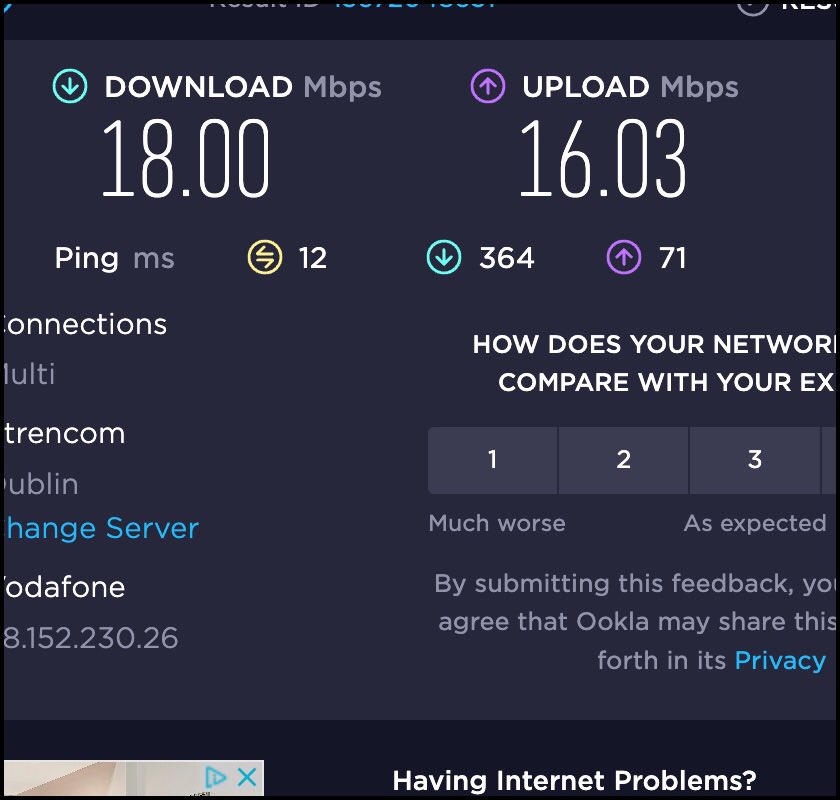 WovenContent's tweet photo. With the fibre network installed outside my house this is the “terrific speed” I can expect up to 2026 - what a joke @smytho @VodafoneIreland #broadbandswindle @comreg https://t.co/wR0z5Zwto8