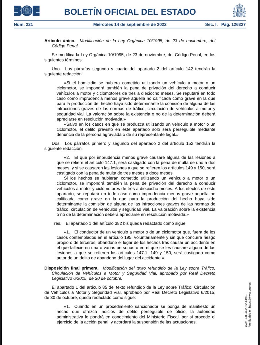 ACPspain's tweet photo. Mañana entra en vigor la reforma del Código Penal publicada hoy en el BOE en la cual la Asociación de ciclistas profesionales ACP ha tenido una participación decisiva en su redacción en defensa del colectivo ciclista. https://t.co/2HftMH5SIN