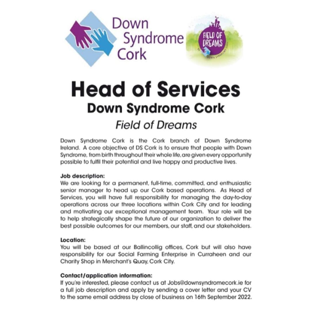 Down Syndrome Cork (@dscork) on Twitter photo We are currently accepting applications for the position of Head of Services at Down Syndrome Cork - Field of Dreams. For more info, check out the ad below. If interested, apply with CV and Cover Letter to jobs@downsyndromecork.ie by the end of Friday, September 16th. Good luck!! We are currently accepting applications for the position of Head of Services at Down Syndrome Cork - Field of Dreams. For more info, check out the ad below. If interested, apply with CV and Cover Letter to jobs@downsyndromecork.ie by the end of Friday, September 16th. Good luck!!