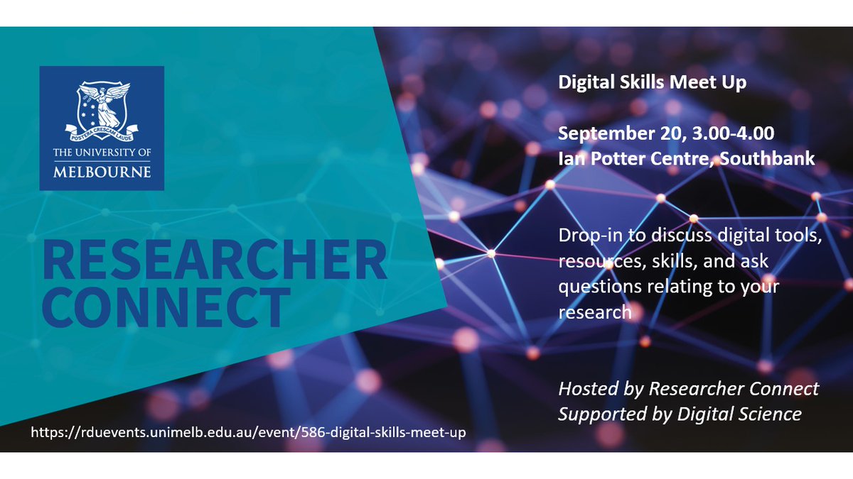 digitalsci's tweet photo. We’re excited to share that the next @UniMelb #DigitalSkills Meet Up will be held next week!

20 September, 3-4pm AEST, at Uni of Melbourne’s Southbank Campus.

It’s free to register: https://t.co/uuESdN204X

Proudly supported by @digitalsci (that’s us!) 😃

#ResearcherConnect https://t.co/71CBH2ZFPf