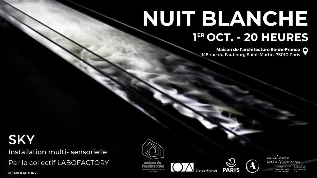 MA_IDF's tweet photo. 📢 [SAVE THE DATE] #NuitBlanche ✨
La @MA_IDF vous donne RDV samedi 01/10 de 20h à minuit pour découvrir l'#installation #multisensorielle "SKY" par le collectif #LABOFACTORY
@MA_IDF @architectes_idf @_cafe_a @artsciencechair @NBParis

🔎https://t.co/HAyuwjZdPz
#teamarchi https://t.co/yYRpKYA2D7