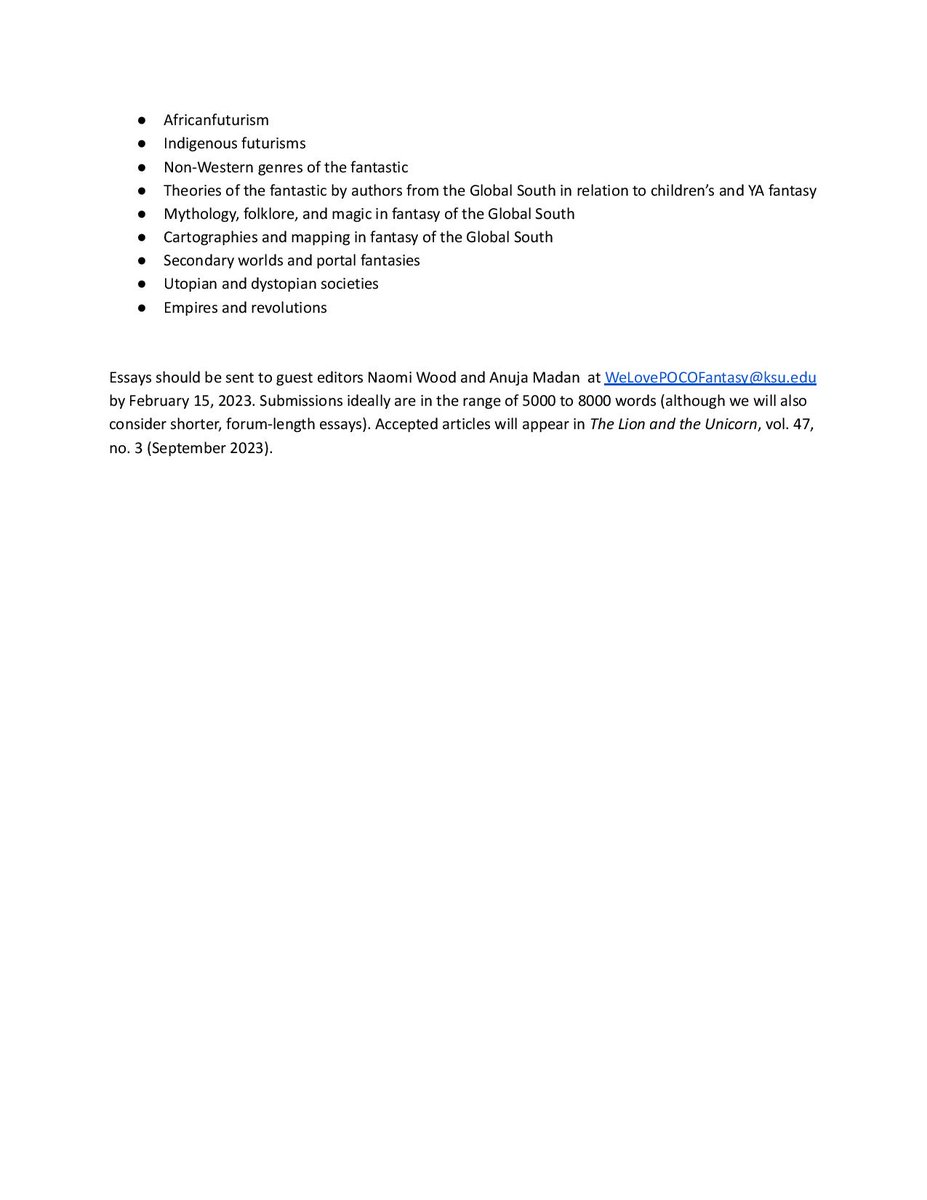 IRSCL_News's tweet photo. CFP: Special Issue of The Lion and the Unicorn "Postcolonial Children’s &amp; YA Fantasy"
Guest editors: Naomi Wood and Anuja Madan
Deadline: 15 February 2023

Essays should be sent to guest editors at WeLovePOCOFantasy@ksu.edu 

#IRSCL #CFP #TheLionAndTheUnicorn https://t.co/460HyDrzVJ