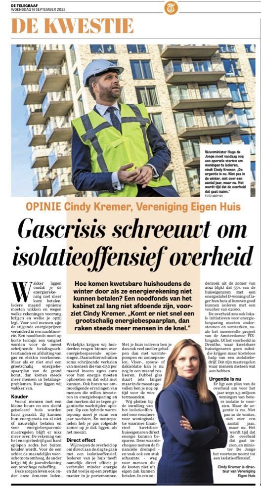 eigenhuis's tweet photo. Voor veel mensen zijn de stijgende #energieprijzen veranderd in een nachtmerrie. Daarom roept VEH de overheid op om direct aan de slag te gaan met een #isolatieoffensief. Niet pas in de winter, niet over een jaar, maar nu, aldus Cindy Kremer ⁦⁦@telegraaf⁩ https://t.co/ttoRNS9qUS