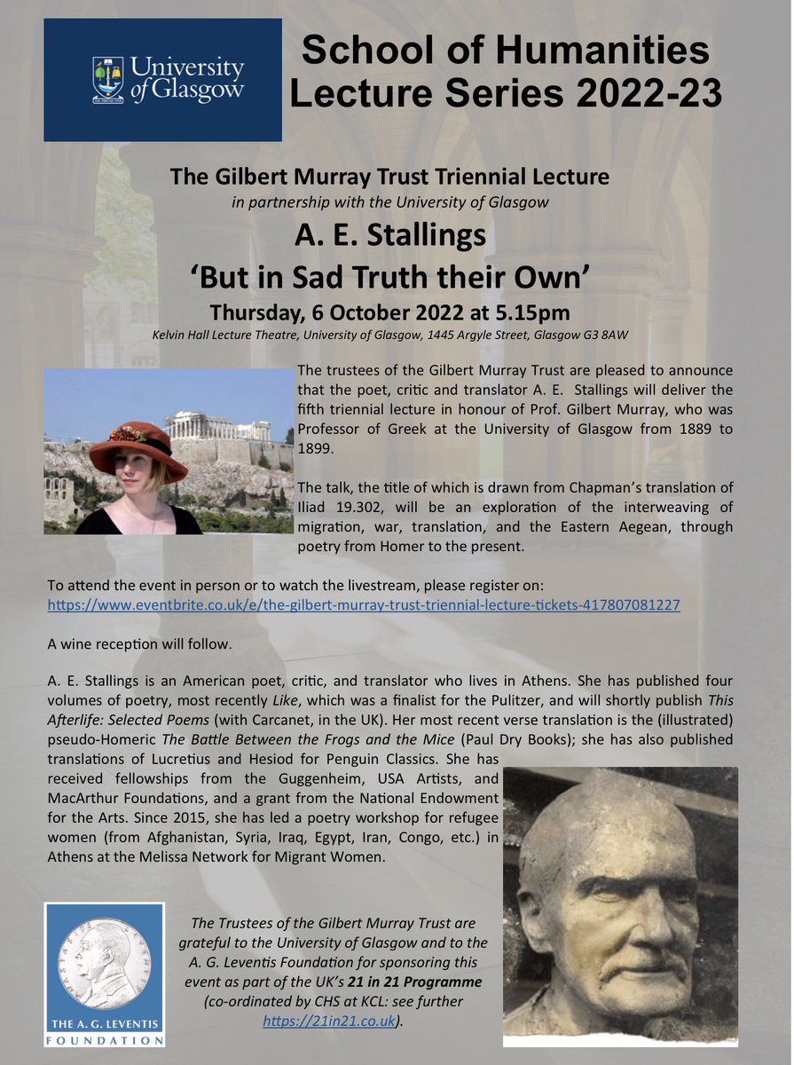 GMTru's tweet photo. We are pleased to announce our fifth triennial lecture. On 6 October, @ae_stallings will speak to: “But in Sad Truth Their Own”. Live in person @UofGlasgow or streaming online. 5.15pm. Register here: https://t.co/ztlKL1xuXJ #Homer #Aegean #migration #war #translation https://t.co/vGQoJdRxYA