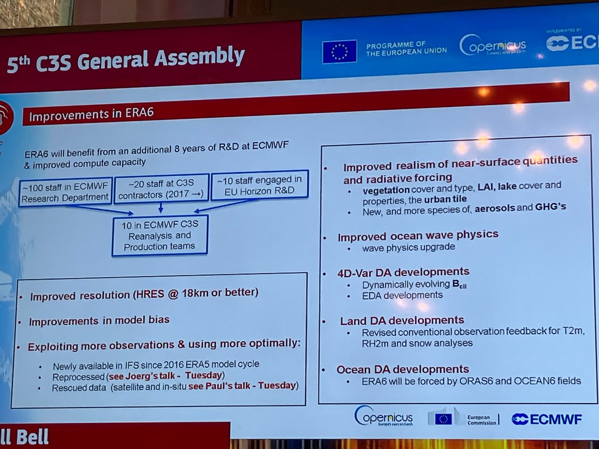 CopernicusECMWF's tweet photo. #ERA6 will improve:
✔️resolution of at least 18 km,
✔️model bias,
✔️realism of near-surface quantities,
✔️ocean wave physics,
and will exploit more observations, as explained by Bill Bell @ECMWF.
#C3SGA2022 https://t.co/qEWLUNI8PW