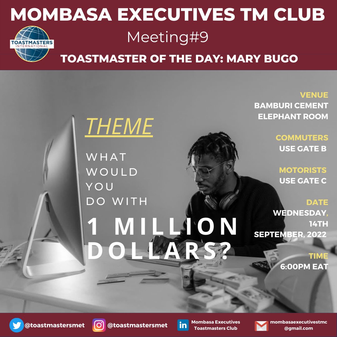 We are excited and can't wait to see you at 6pm today for another one of our thought-provoking sessions! Welcome 🤗

#toastmastersmet #toastmasters #leadership #publicspeaking #purpose #communication #thoughtleadership