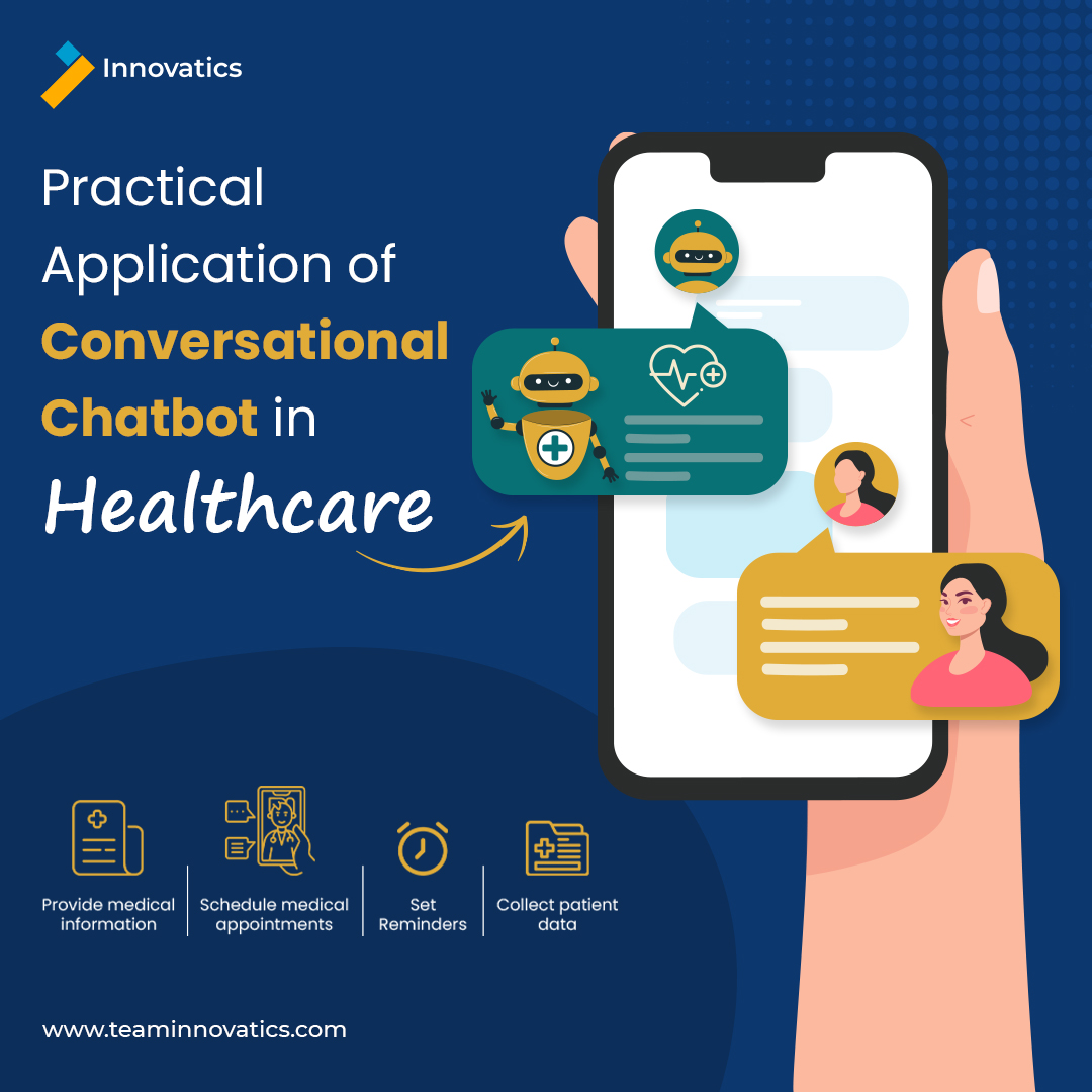 Innovatics3's tweet photo. Practical Application of Conversational AI Chatbot in Healthcare
Healthcare bots are proving beneficial to both patients & providers:
1. Provide medical information.
2. Schedule medical appointments.
3. Set Reminders.
4. Collect patient data.
#ConversationalAI #TeamInnovatics https://t.co/Tg2ojJeZ1t
